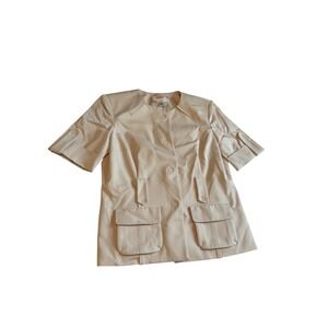 Talbots Petites Beige Short Sleeve Stretch Blazer Jacket Collarless Tan Size 4P